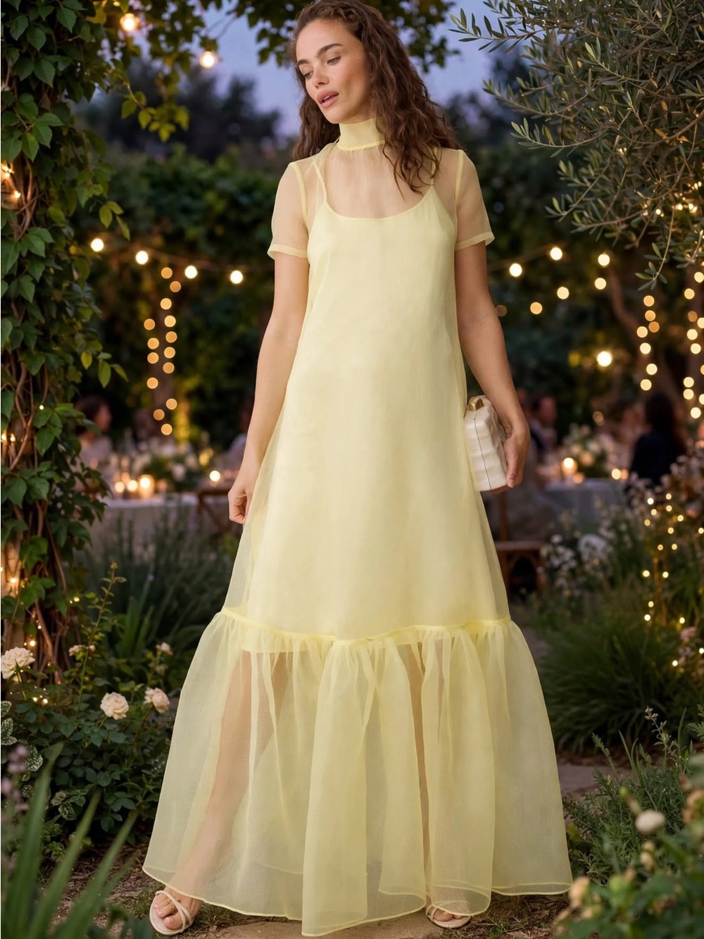 Few Moda CAARA Melody Dress Sheer Layered Yellow Maxi Dress Sz M.